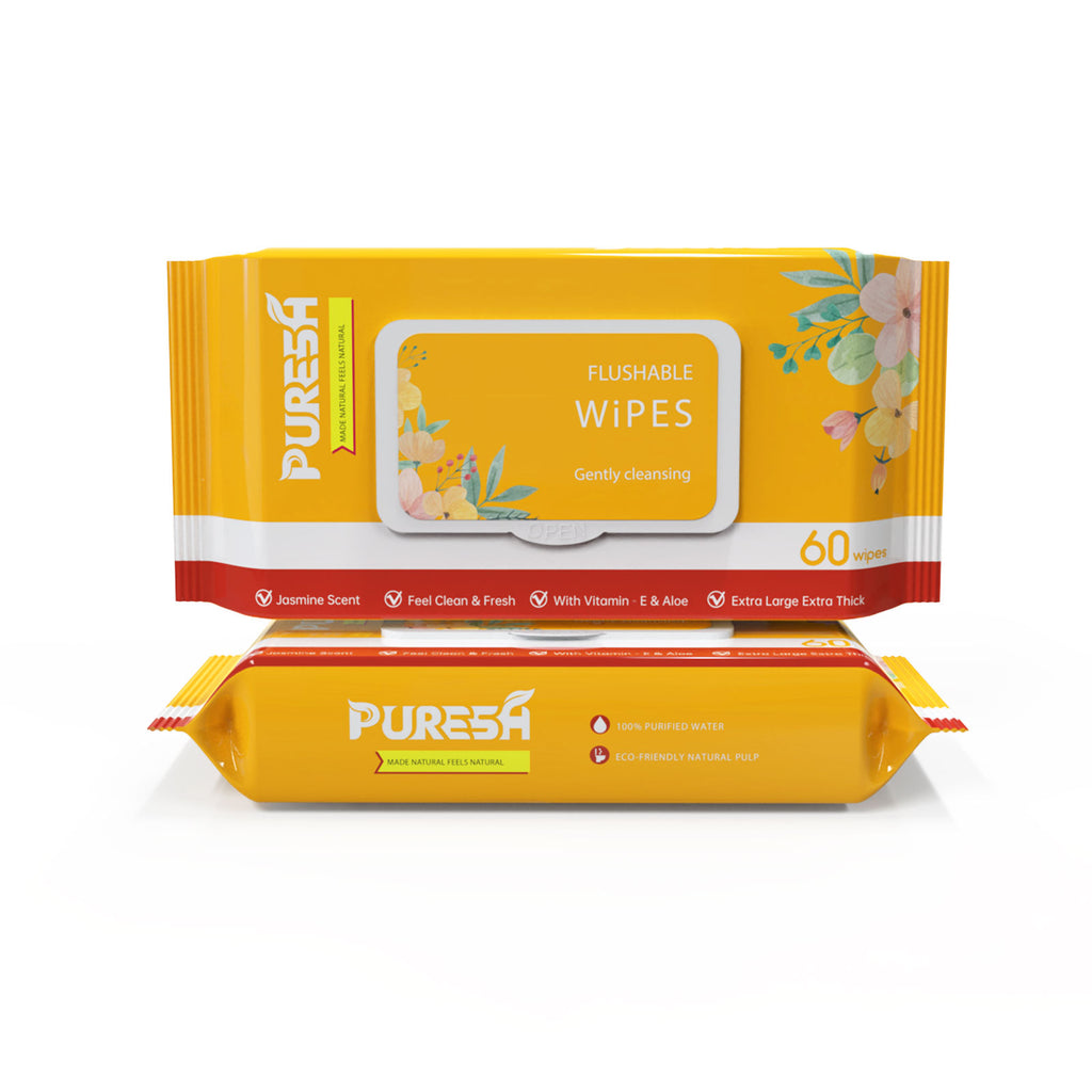 Flushable Toilet Wipes for Adults, Soft & Gentle, Jasmine Scent, Wet Wipes with Aloe & Vitamin E (60 Count)