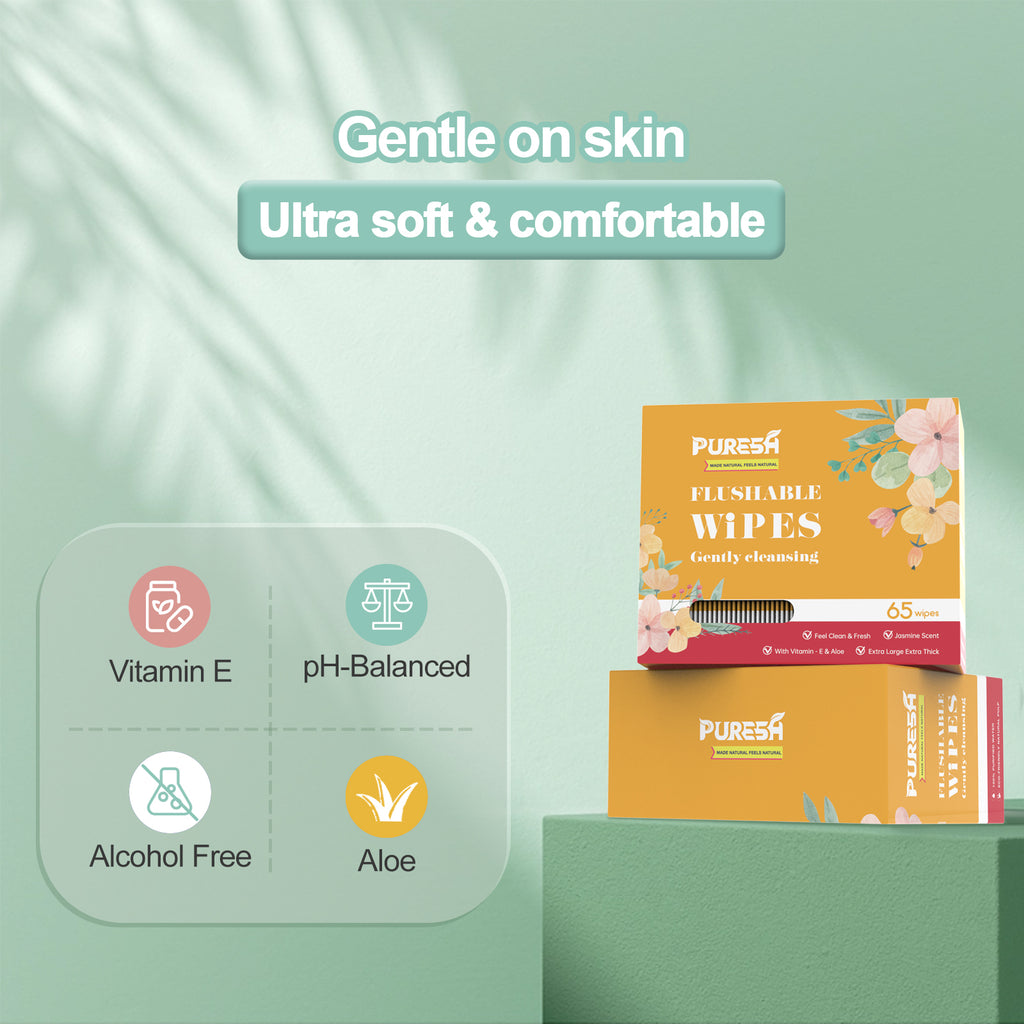 [Travel Pack] Flushable Toilet Wipes for Adults, Soft & Gentle, Jasmine Scent, Wet Wipes with Aloe & Vitamin E (65 Count, Pack of 3 On Sale Short Expiration Date!