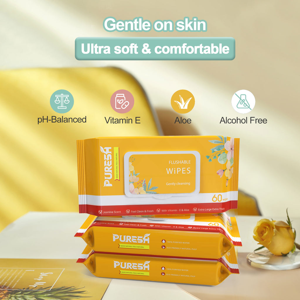 Flushable Toilet Wipes for Adults, Soft & Gentle, Jasmine Scent, Wet Wipes with Aloe & Vitamin E (60 Count)